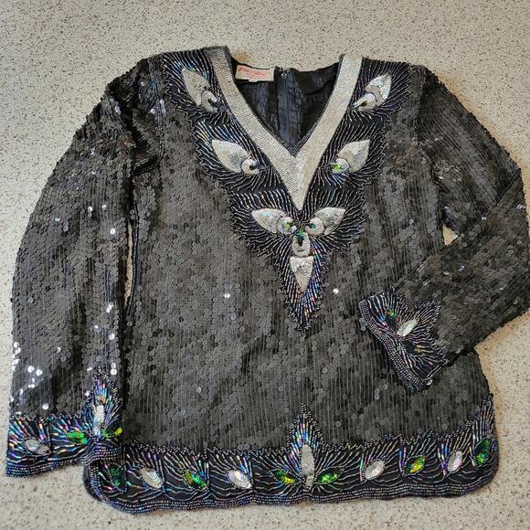 VTG Hina Trading Co. Silk Sequin Beaded Irredescent Long Sleeve Formal Blouse✨️M - Picture 13 of 16